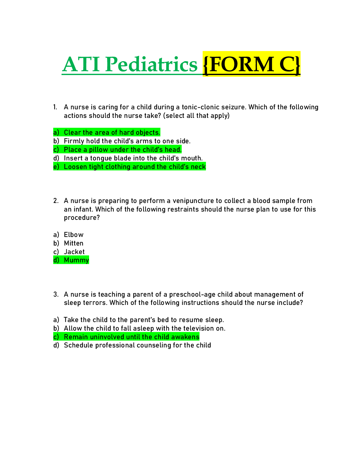 Preview of ATI Pediatrics Proctored Exam (70 Q & A) 100% Correct